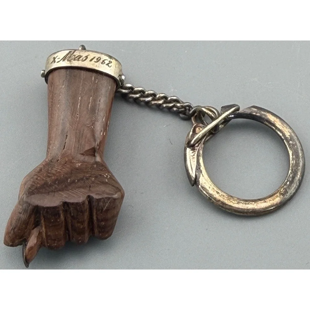 Vintage Figa Hand Keychain XRF Tested Silver Carved Wood Lucky Fist Zitrin Box